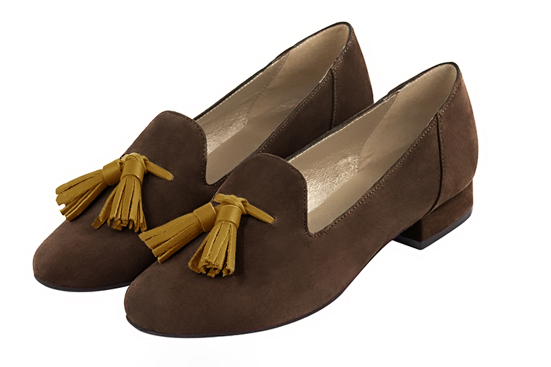 Chocolate brown and mustard yellow women's loafers with pompons. Round toe. Flat block heels. Front view - Florence KOOIJMAN